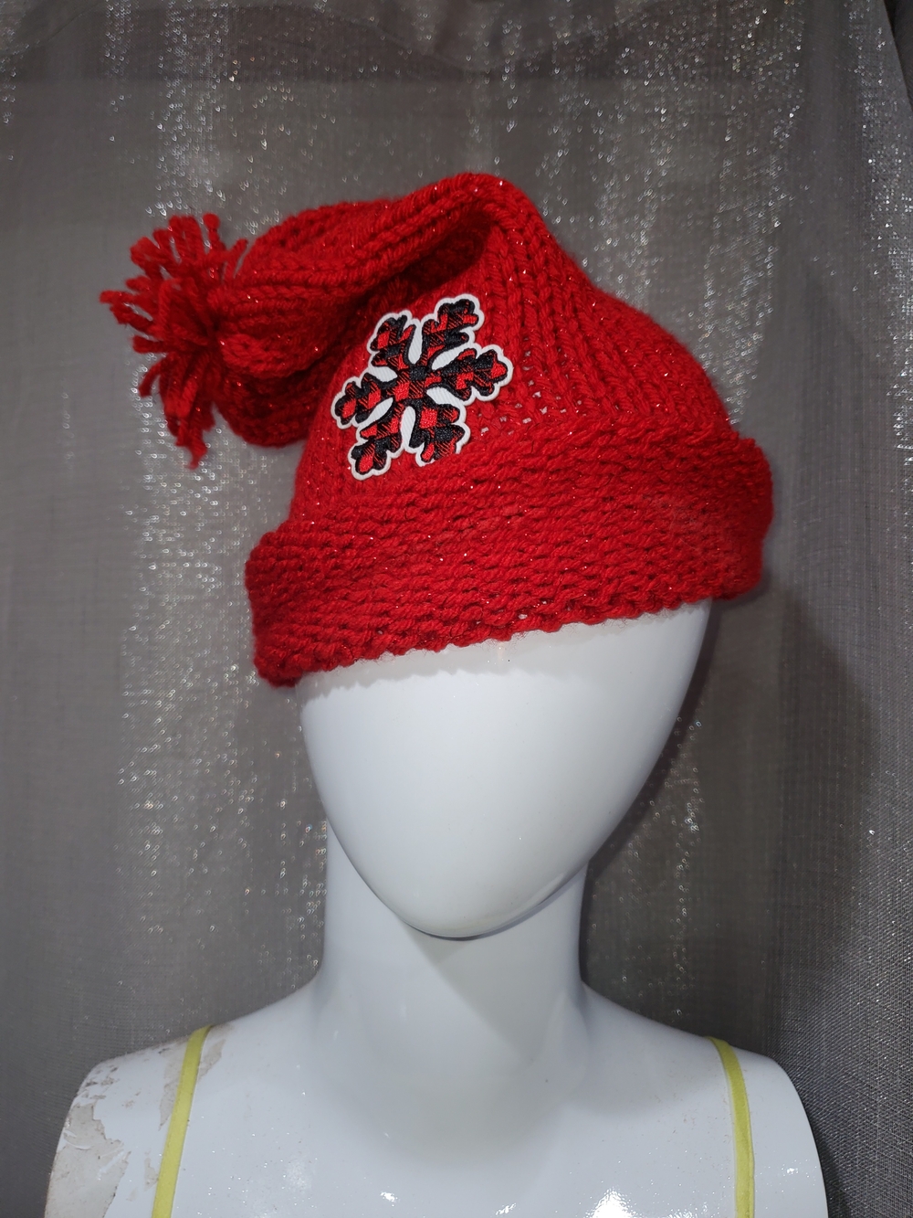 Red Knit Pom Beanie Hat with Snowflake Patch